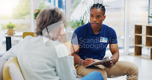 Image of Retirement, documents and a nurse talking to an old woman patient about healthcare in an assisted living facility. Medical, planning and communication with a black man consulting a senior in her home