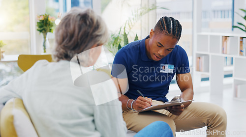 Image of Retirement, documents and a nurse talking to an old woman patient about healthcare in an assisted living facility. Medical, planning and communication with a black man consulting a senior in her home