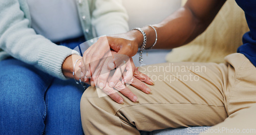 Image of Person, hands or consulting a therapist with support or empathy for healthcare service of cancer therapy. Closeup, psychology or sick patient talking in counseling with a psychologist in consultation