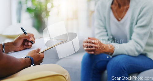 Image of Woman, hands or consulting a therapist writing on clipboard notes for healthcare service of cancer therapy. Closeup, psychology help or patient talking in counseling with paperwork report documents