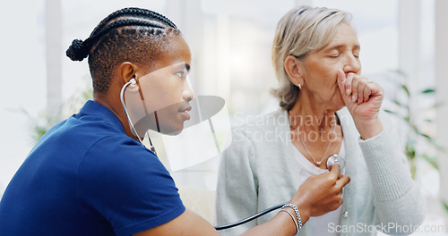 Image of Nurse, elderly woman and stethoscope for cough test for healthcare, wellness or listening for breathing problem. Nursing home, listen or breathe with doctor black man, senior female patient for lungs