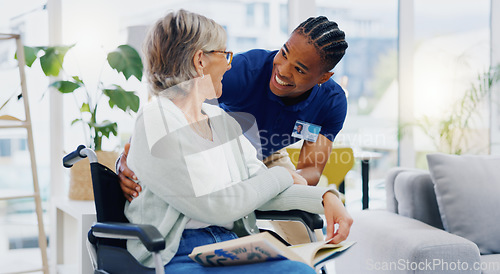 Image of Black man, caregiver or old woman in wheelchair talking or speaking in homecare rehabilitation together. Medical healthcare advice or male nurse nursing or helping elderly patient with disability