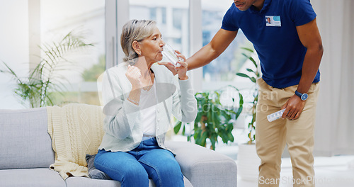 Image of Sick, caregiver or old woman in home to take pills or supplements for healthcare vitamins or wellness. Drinking water, medication tablets or male nurse nursing or helping senior person with drugs