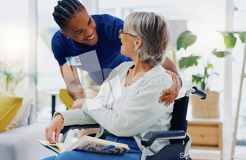 Image of Black man, caregiver or old woman in wheelchair talking or speaking in homecare rehabilitation together. Medical healthcare advice or male nurse nursing or helping elderly patient with disability