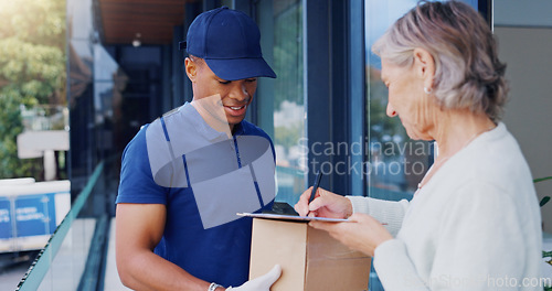 Image of Delivery, package and black man with a woman, signage and box with clipboard, courier and client. Male worker, person and employee with a customer, parcel and cargo with document, retail or signature