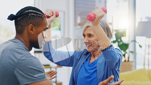 Image of Physiotherapist, black man and senior woman with wellness, rehabilitation and consultation. Patient, male employee and female patient with healthcare, support and fitness with exercise and recovery