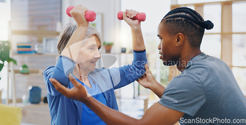 Image of Physiotherapy, black man and senior woman stretching, smile and consultation in office, help and wellness. Physiotherapist, male employee and happy female client stretch, health and rehabilitation