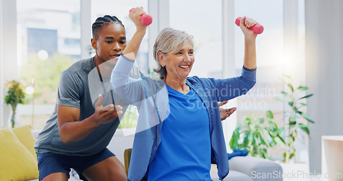 Image of Rehabilitation, strong and woman with a physiotherapist for exercise, strength training and support. Help, fitness and a senior patient lifting dumbbells with black man in physiotherapy for recovery