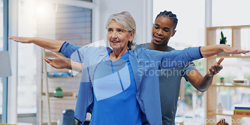 Image of Elderly woman, nurse and rehabilitation or stretching exercise in a nursing home for fitness. Happy senior female patient with a therapist man for healing, health and physiotherapy for arms and body