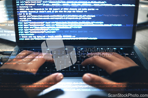 Image of Hands, code overlay and laptop typing with cybersecurity, hacker and software data analysis. Person, programmer and computer work with firewall system hacking and algorithm writing for malware