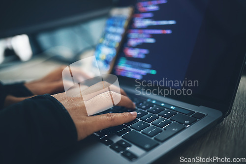 Image of Hands, coding and laptop typing with cybersecurity, hacker and software data analysis. Person, web programmer and computer work with firewall system hacking and algorithm writing for malware