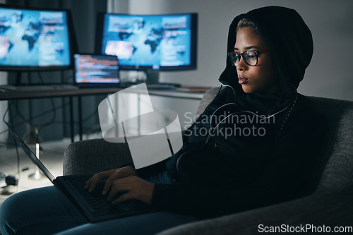 Image of Hacker, woman with laptop and information technology, global network and database with phishing and cyber crime. Cybersecurity, programming or hacking, criminal with pc for ransomware and firewall