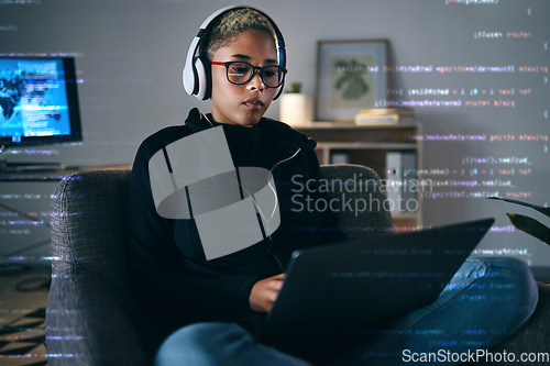 Image of Woman, code overlay and laptop typing with cybersecurity, hacker and software data analysis. Digital, programmer and computer work with firewall system hacking and algorithm writing for malware