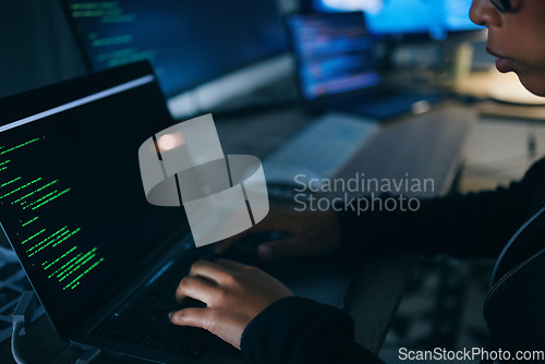 Image of Hands, code and night with laptop typing with cybersecurity, hacker and software data analysis. Person, programmer and computer work with firewall system hacking and algorithm writing for malware