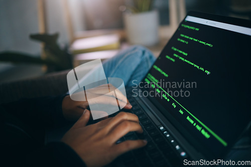 Image of Developer hands, code overlay and laptop typing with cybersecurity, hacker and data analysis. Person, programmer and computer work with firewall system hacking and algorithm writing for malware