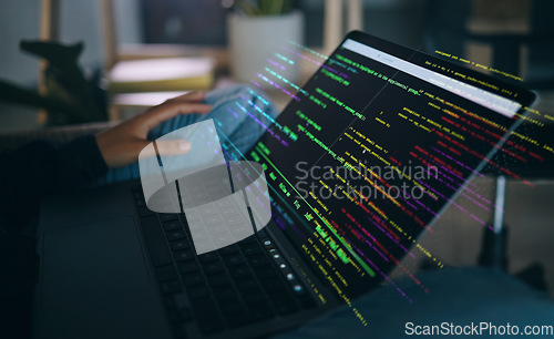 Image of Hands, code overlay and laptop screen with cybersecurity, hacker and software data analysis. Person, programmer and computer work with firewall system hacking and algorithm writing for malware