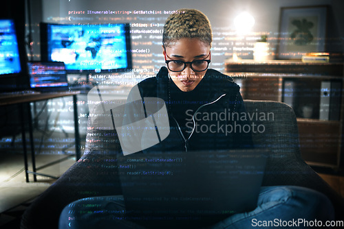 Image of Serious woman, code overlay and laptop typing with cybersecurity, hacker and software data analysis. Web, programmer and computer work with firewall system hacking and algorithm writing for malware