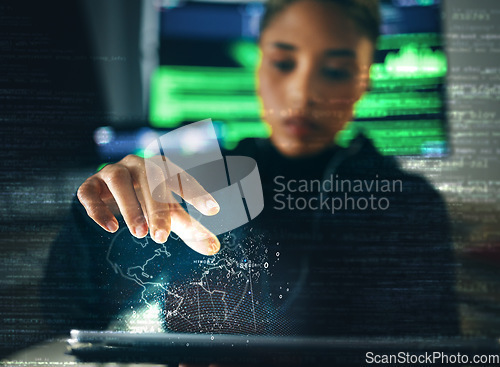 Image of Hacker, woman and hand with global network hologram, information technology and database with digital transformation. Cybersecurity, programming or hacking, 3D globe and system with coding overlay