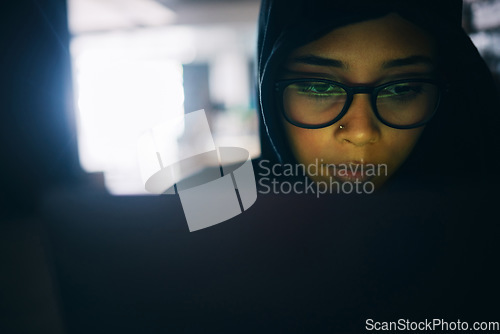 Image of Hacker, woman and face with laptop, information technology for coding and database with phishing and cyber crime. Cybersecurity, programming or hacking, criminal with pc for ransomware and firewall