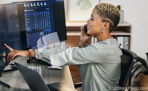 Image of Woman, phone call and data for crypto trading with networking, investment and cyber stocks. Nft, financial management and broker with cellphone for advice on profit growth, market info and charts.