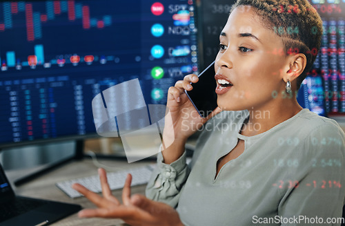 Image of Woman, phone with data overlay and computer for crypto trading, networking or investment in cyber stocks. Nft, financial advisor or broker on cellphone for advice on profit, market info or statistics