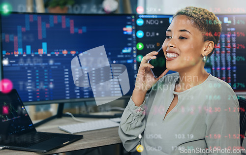 Image of Woman, phone call with digital overlay and computer for crypto trading, networking and investment in cyber stocks. Nft, financial advisor or broker on cellphone for advice on profit, market and data.