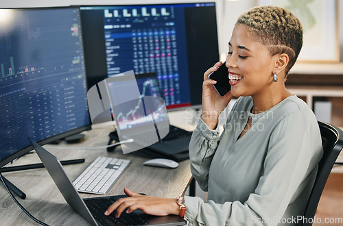 Image of Woman, phone call at computer and crypto trading with networking, investment and cyber stocks. Nft, financial management and broker with cellphone for advice on profit growth, market info and charts.