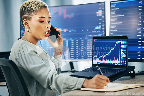 Image of Woman, phone call at desk and networking for cyber trade, cryptocurrency and investment in online stocks. Nft, financial advisor or broker on cellphone, writing notes on market research or lead info.