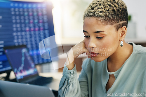 Image of Woman at computer, thinking and data on crypto trade, research and investment in online stocks. Nft, cyber advisor or broker reading stats on market growth, phishing or brainstorming financial ideas.