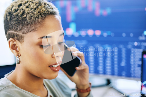 Image of Woman at computer, phone call and consulting on crypto trade, networking and investment in online stocks. Nft, cyber advisor or broker on cellphone for data on market research, phishing or lead info.