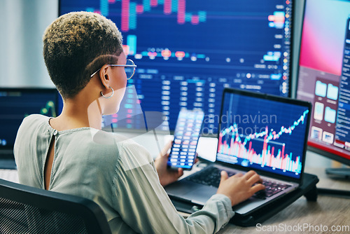 Image of Woman with phone, laptop and computer screen for crypto research, investment or cyber stocks from back. Nft, financial management and developer with software for online profit stats, graphs or charts