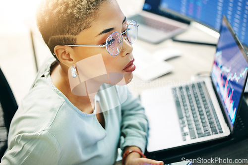 Image of Woman with laptop, glasses and thinking on cyber stocks for crypto trade, research and investment in online data. Nft, consultant or broker reading stats info on market growth, brainstorming or ideas