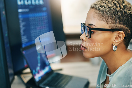 Image of Woman with computer, glasses and thinking on stocks for crypto trade, research and investment in online data. Nft, cyber consultant or broker reading stats on market growth, brainstorming or ideas.