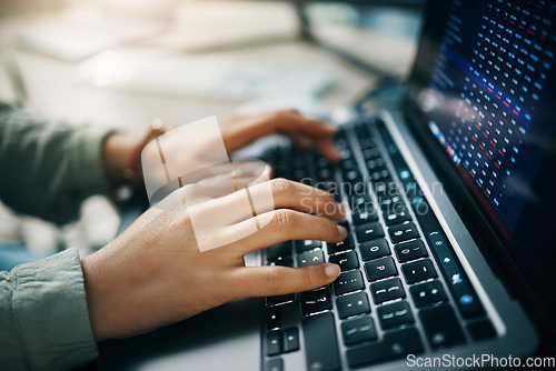 Image of Hands, typing on laptop and data for trading in cryptocurrency, investment or cyber stocks. Nft, financial management and developer with software for online profit growth stats, market info or charts