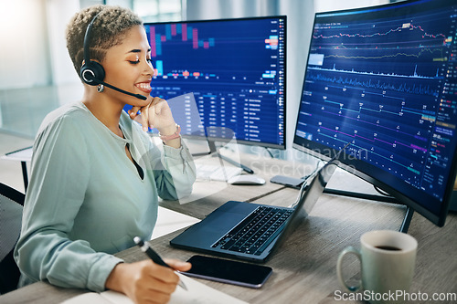 Image of Woman, online trading and callcenter, computer screen and finance with advice, investment and communication. Headset, mic and phone call with laptop, consultant at desk with stock market dashboard