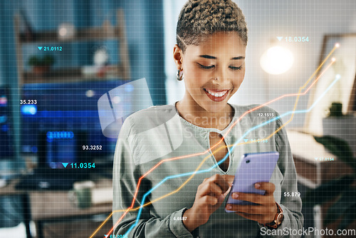 Image of Stock market, overlay and business woman with phone and trading information for investor statistics. Female professional, mobile networking and finance work in a office with fintech app for crypto