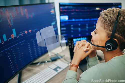 Image of Woman, trading and phone call with computer screen, finance and advice, financial investment and communication. Headset, mic and callcenter with analytics, help desk agent with stock market stats