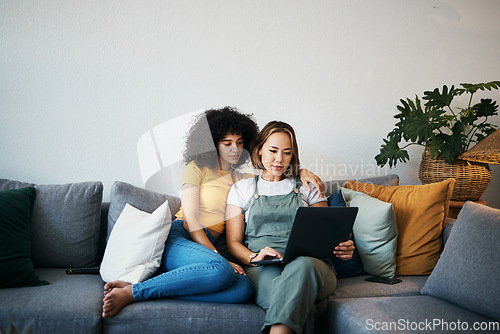 Image of Tablet, love and lesbian couple relaxing on a sofa in the living room networking on social media. Rest, digital technology and young lgbtq women scroll on mobile app or the internet together at home.