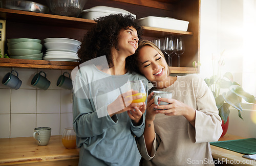 Image of Coffee, orange juice and happy lesbian couple in home, bonding and communication. Drink tea, gay women and girls smile in the morning at breakfast together in interracial relationship, care and LGBT