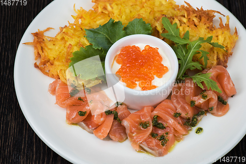 Image of potato pancakes salmon fish and red caviar