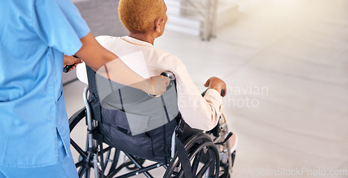 Image of Nurse, senior woman and back with wheelchair, walk and care for rehabilitation, healthcare and wellness. Caregiver, nursing home and elderly person with disability, recovery or kindness in retirement