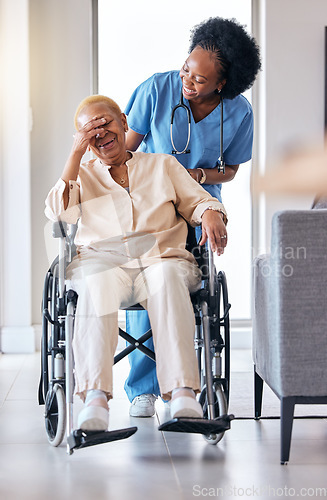 Image of Nurse, senior woman and laugh with wheelchair, walk and care for rehabilitation, healthcare and chat. Caregiver, nursing home and elderly person with disability, recovery or funny talk in retirement