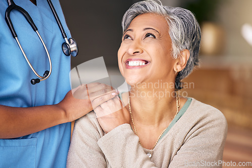 Image of Nurse, senior woman and smile with comfort, holding hands or support in nursing home for retirement. Doctor, medic or caregiver with kindness, empathy or gratitude for help, trust or service in house