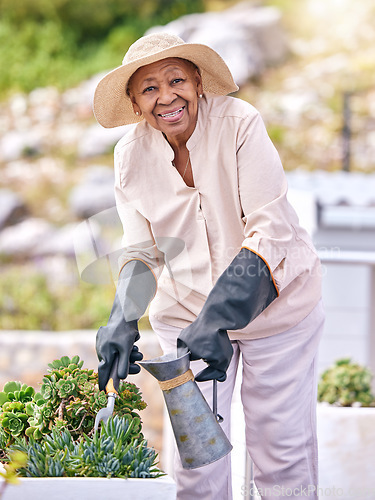 Image of Water, plants and old woman gardening outdoor with aloe vera, flowers and happiness in backyard nature. Happy, senior or elderly farmer with care for agriculture in retirement or sustainable greenery
