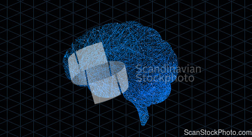 Image of Brain graphic, neuro pattern and digital illustration with science hologram and mind connections. Black background, art and neuroscience pathway of intelligence, circuit system and cerebral lines