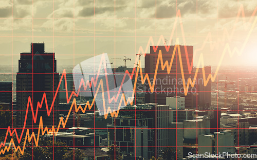 Image of City background, graphs or fintech with overlay or stocks with business deal. Town, buildings or inflation with money, investment or corporate finance with profit, economy and trade with stock market