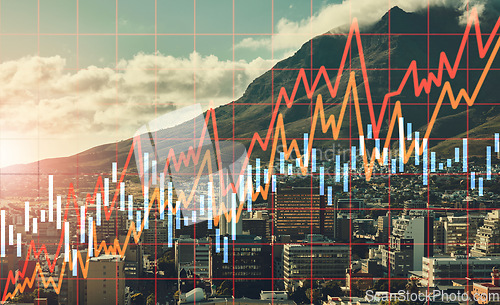 Image of City background, graphs or stock market with overlay, fintech or stocks with investment. Town, buildings or inflation with money, corporate deal or trading with finance, profit or economy with money