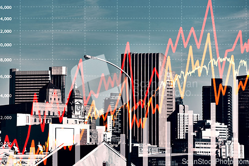 Image of City background, graphs or overlay with trading, fintech or stocks with investment with profit. Town, buildings or inflation with money, investment or trading with finance, economy and corporate deal