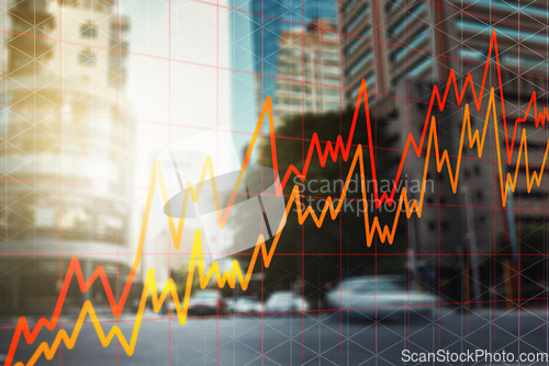 Image of City background, graphs or stock market with trading, fintech or overlay with business deal. Town, buildings or inflation with money, investment or charts with finance, profit or economy with stocks