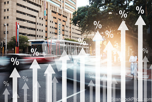 Image of Chart, finance and overlay in city, increase and inflation with cost of living crisis with stats, numbers and motion blur. Graph, arrow and percentage for economy, growth and gdp in Cape Town cbd